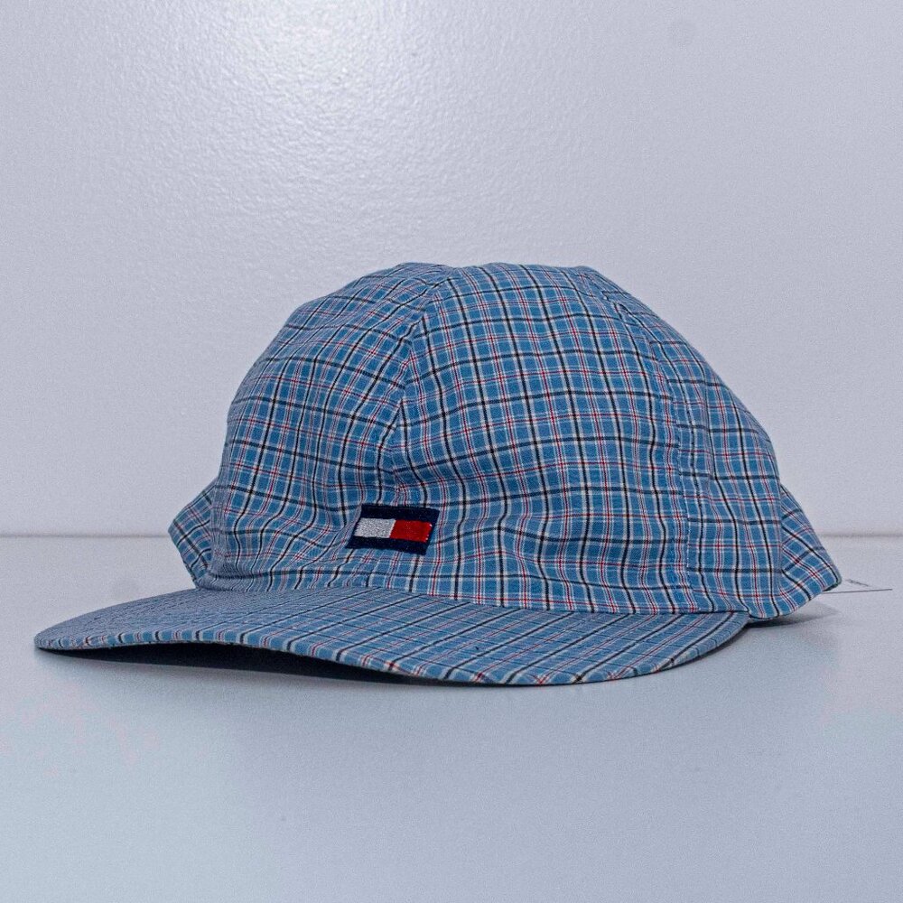 Vintage Tommy Hilfiger Plaid Hat Flag Logo Leather Strapback 90s Sailing Sport
